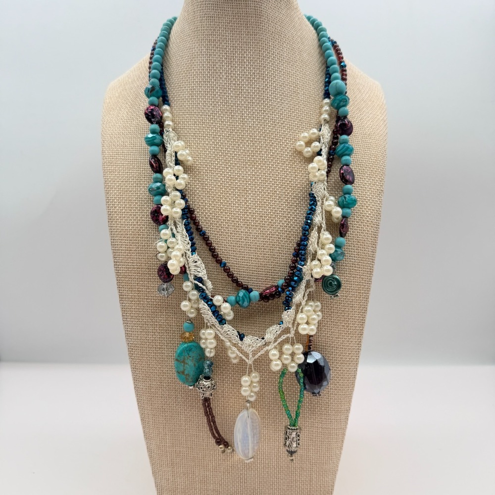 Vintage Y2K Multi Strand Beaded Turquoise Pearl Necklace Boho Statement Jewelry - Picture 11 of 14